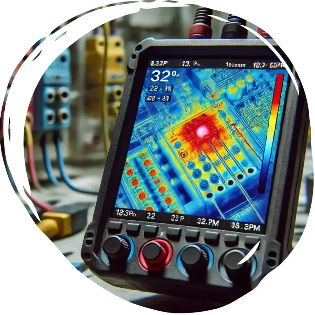 Câmera termográfica capta um circuito elétrico com variação de temperatura.