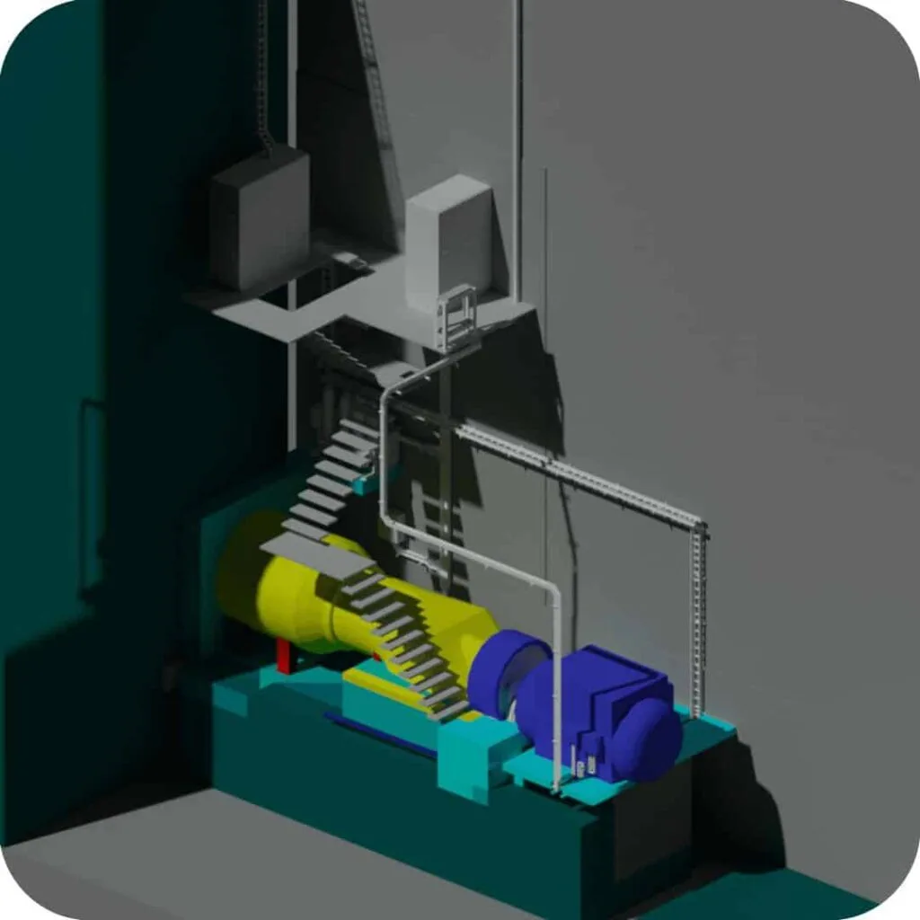 Desenho tridimensional realizado em autocad 3d de rota de cabos de uma usina hidrelétrica