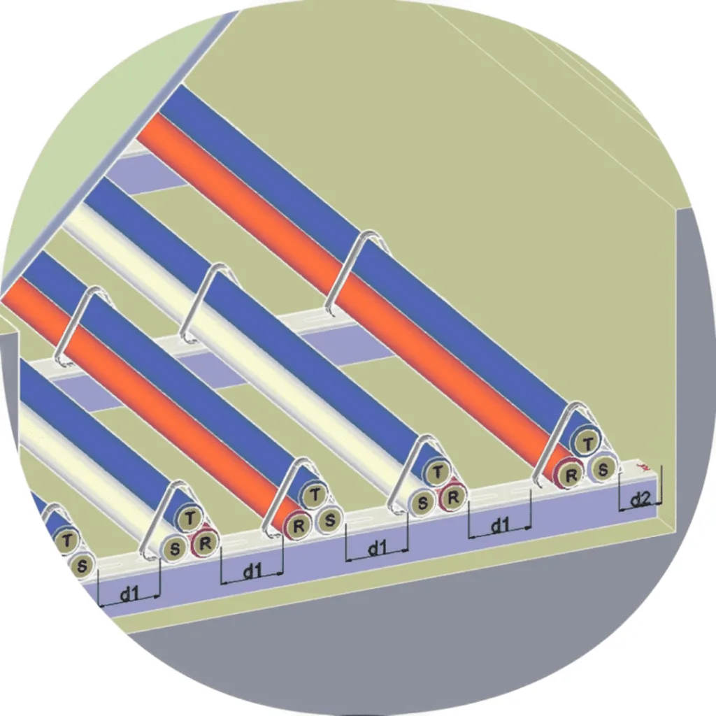 Desenho tridimensional de distribuição de cabos de força