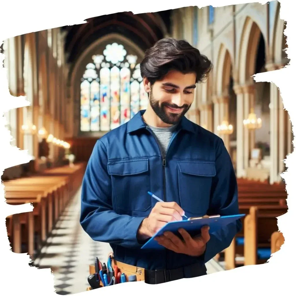Profissional preenchendo laudo técnico no intenrior de uma igreja.