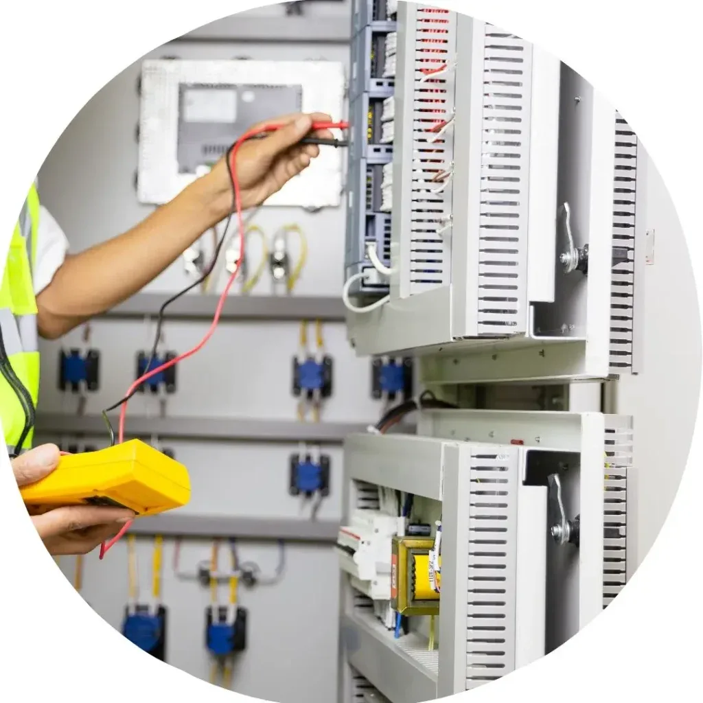 Eletricista realizando uma medição elétrica com multimetro em um painel elétrico.